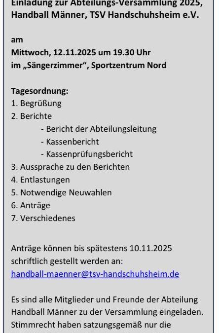 Abteilungs-Versammlung 2025 Handball Männer: 12.11.2025, 19:30 Uhr